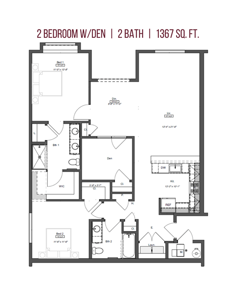 Floor plan for 2 beds, 2 baths, 1367 sqft